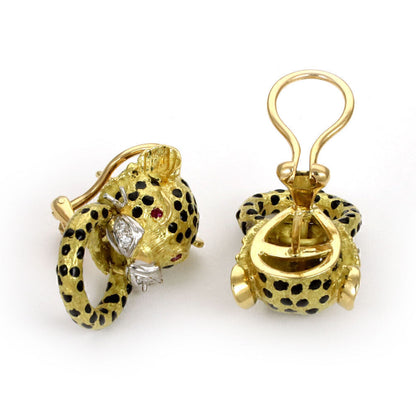 Diamond & Ruby Enamel Leopard 18k Gold Door Knockers Post Clip Earrings
