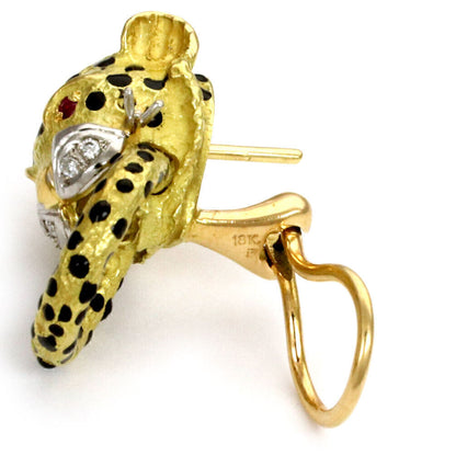 Diamond & Ruby Enamel Leopard 18k Gold Door Knockers Post Clip Earrings