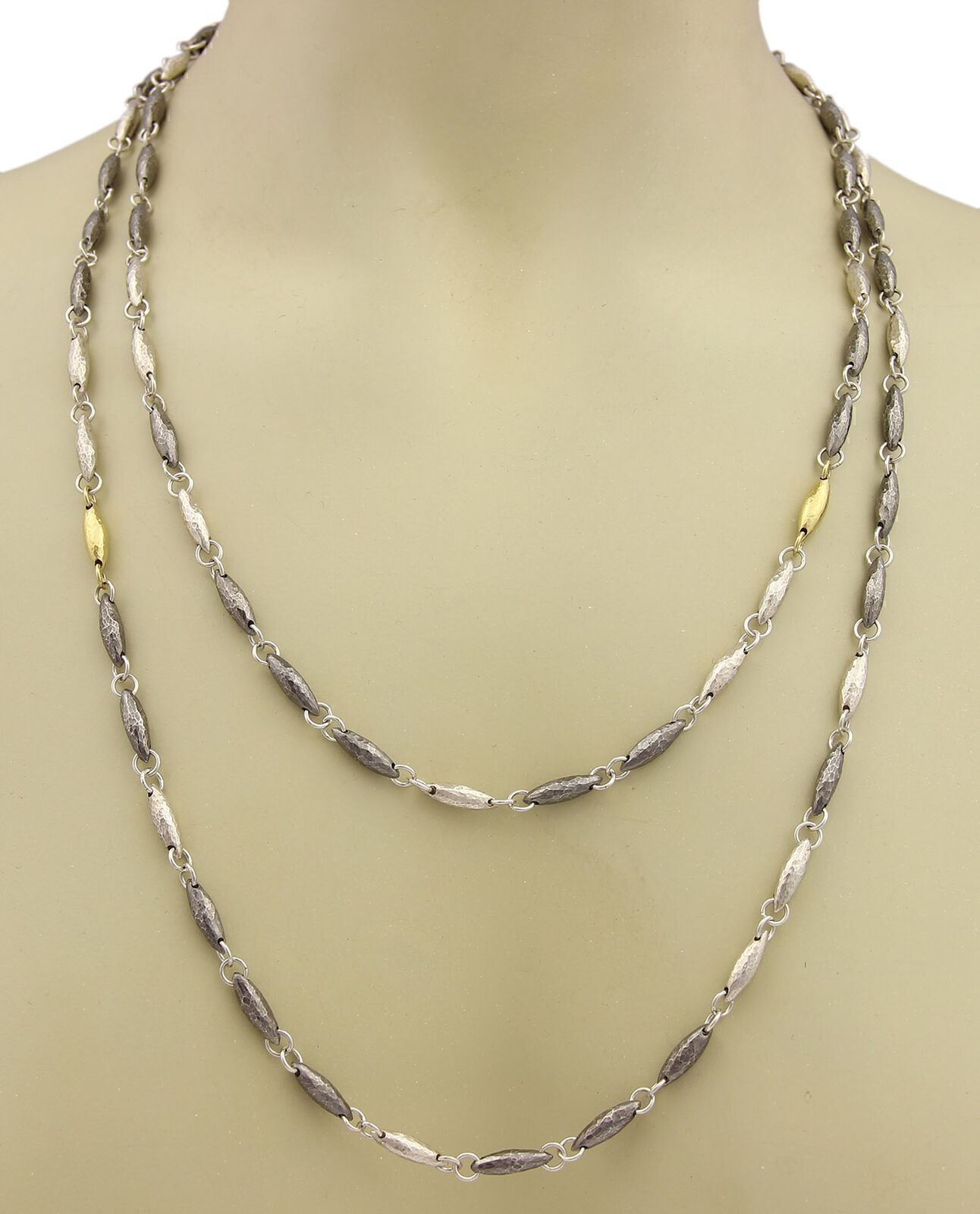 Gurhan ORB Hammered Sterling Silver & 24k Gold Overlay Lentil Link Long Necklace