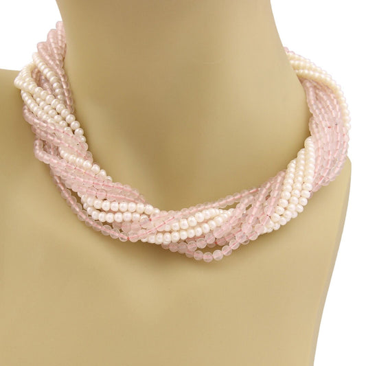 Tiffany & Co. Sterling Silver 11 Strand Pearls & Pink Quartz Necklace