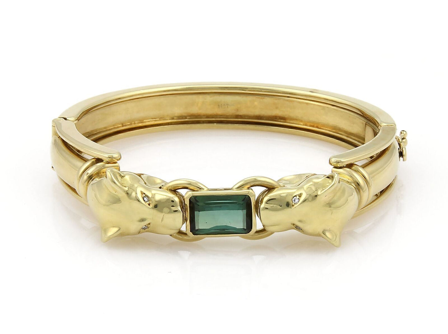 Panther Head  Green Tourmaline & Diamond 18k Two Tone Gold Bangle Bracelet