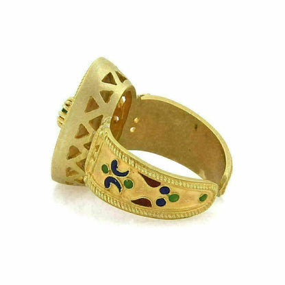 Emerald 18k Yellow Gold Enamel Flowers Oval Cuff Band Ring - Size 6.5