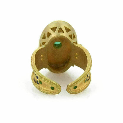 Emerald 18k Yellow Gold Enamel Flowers Oval Cuff Band Ring - Size 6.5