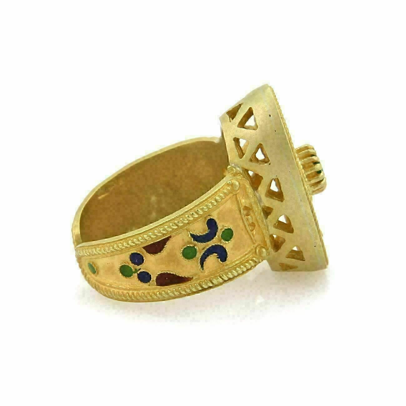 Emerald 18k Yellow Gold Enamel Flowers Oval Cuff Band Ring - Size 6.5