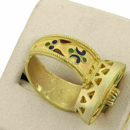 Emerald 18k Yellow Gold Enamel Flowers Oval Cuff Band Ring - Size 6.5