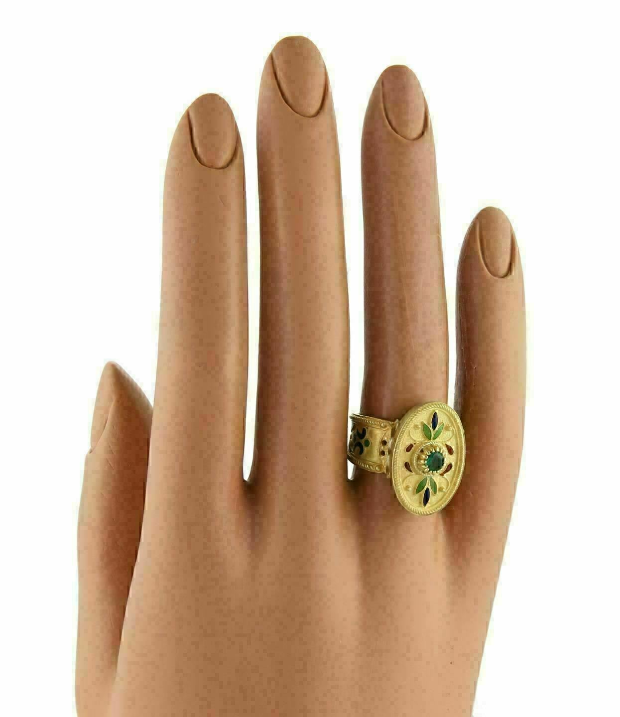 Emerald 18k Yellow Gold Enamel Flowers Oval Cuff Band Ring - Size 6.5