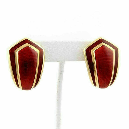 Leo De Vroomen Guilloche Red Enamel Clip On 18k Yellow Gold Earrings