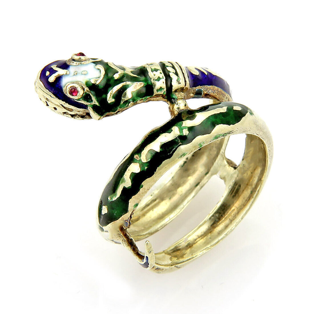 Enamel & Ruby Coiled 14k Yellow Gold Snake Ring - Size 9