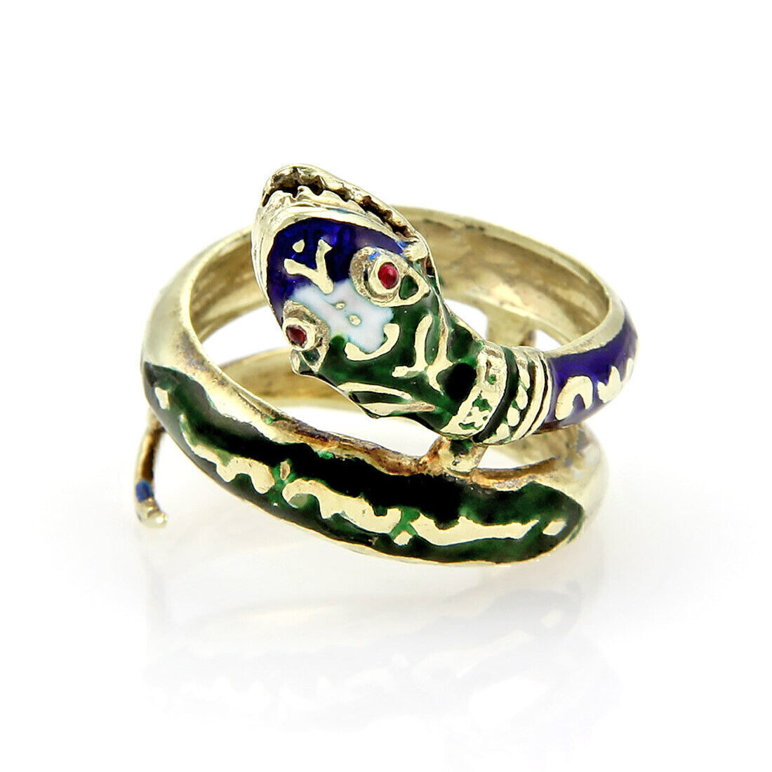 Enamel & Ruby Coiled 14k Yellow Gold Snake Ring - Size 9