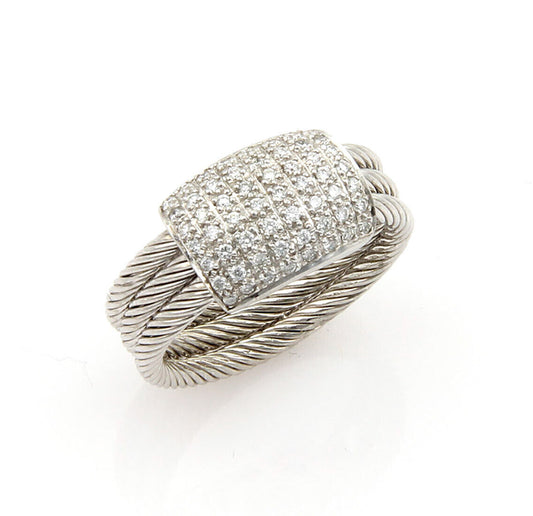 Philippe Charriol Flamme Blanche 18k White Gold & Diamonds Cable Ring - Size 5.5