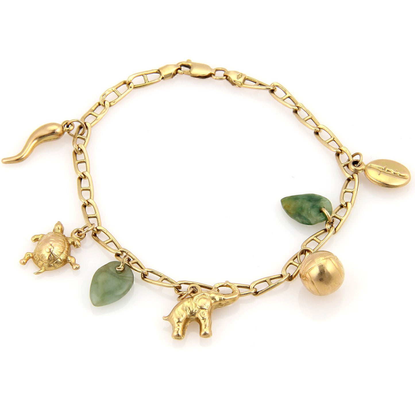 Jadeite 14k Yellow Gold Assorted Seven Charms Bracelet