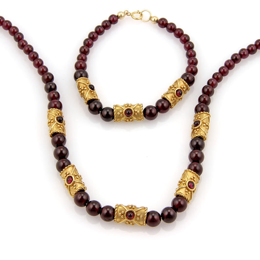 Rhodolite Beaded 14k Yellow Gold Necklace Bracelet Set