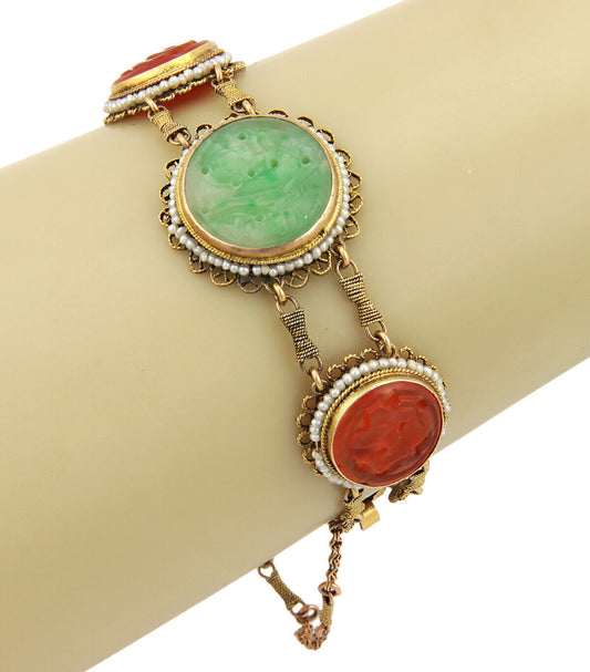 Green Jade Carnelian & Seed Pearl 14k Yellow Gold Bracelet