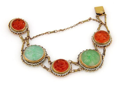 Green Jade Carnelian & Seed Pearl 14k Yellow Gold Bracelet