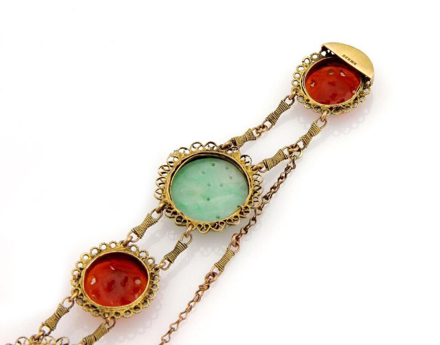 Green Jade Carnelian & Seed Pearl 14k Yellow Gold Bracelet