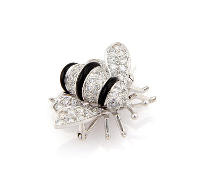 Diamond Onyx Bumble Bee 18k White Gold Pin Brooch