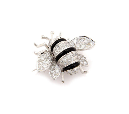 Diamond Onyx Bumble Bee 18k White Gold Pin Brooch