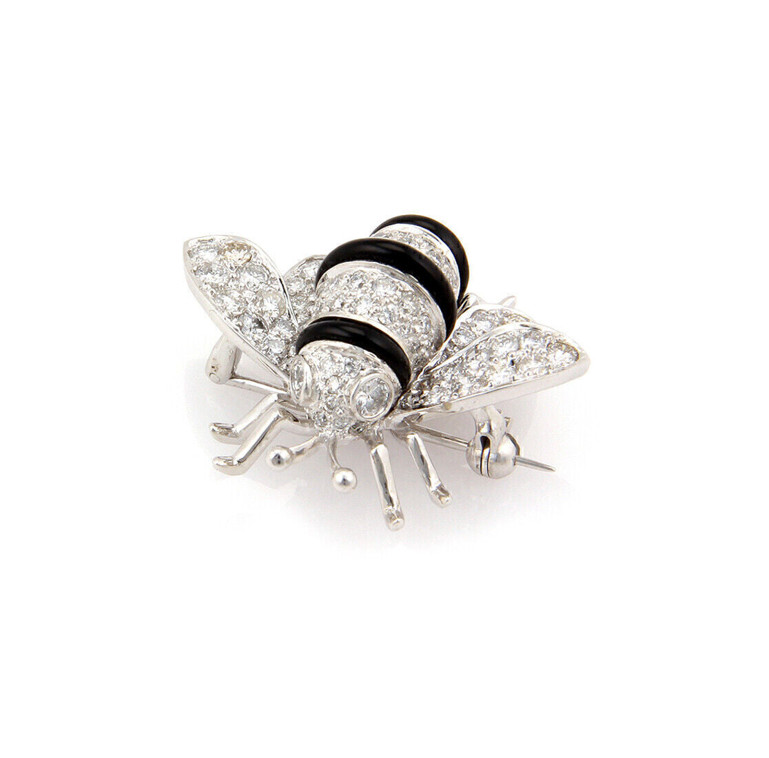 Diamond Onyx Bumble Bee 18k White Gold Pin Brooch