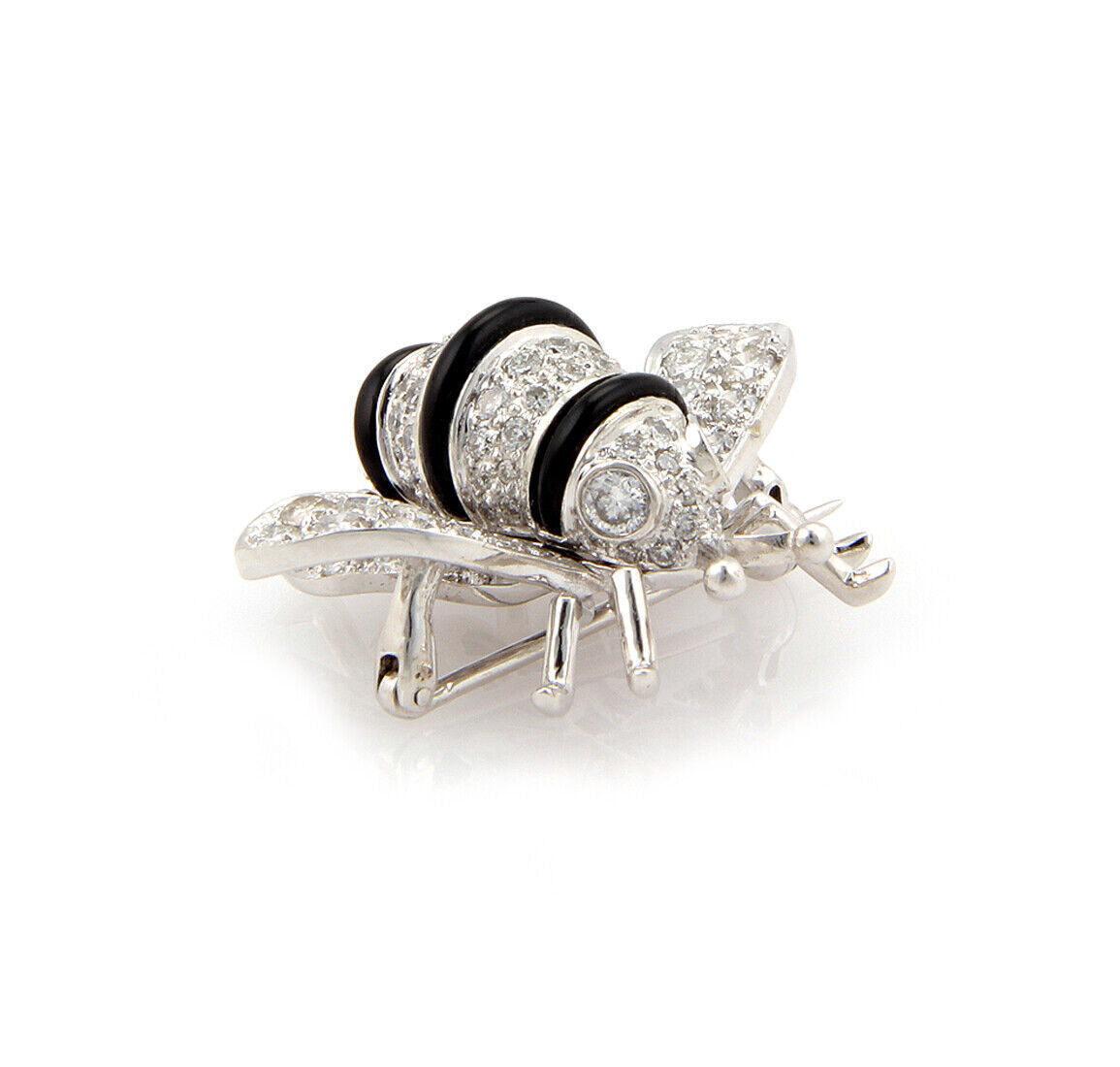 Diamond Onyx Bumble Bee 18k White Gold Pin Brooch