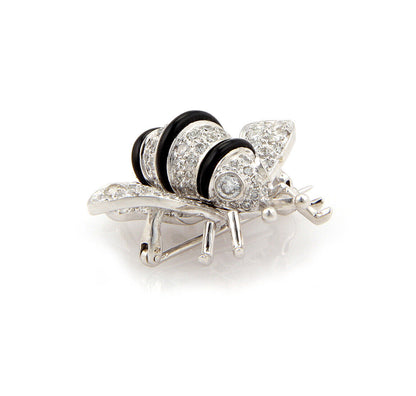 Diamond Onyx Bumble Bee 18k White Gold Pin Brooch