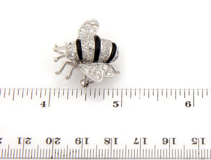 Diamond Onyx Bumble Bee 18k White Gold Pin Brooch
