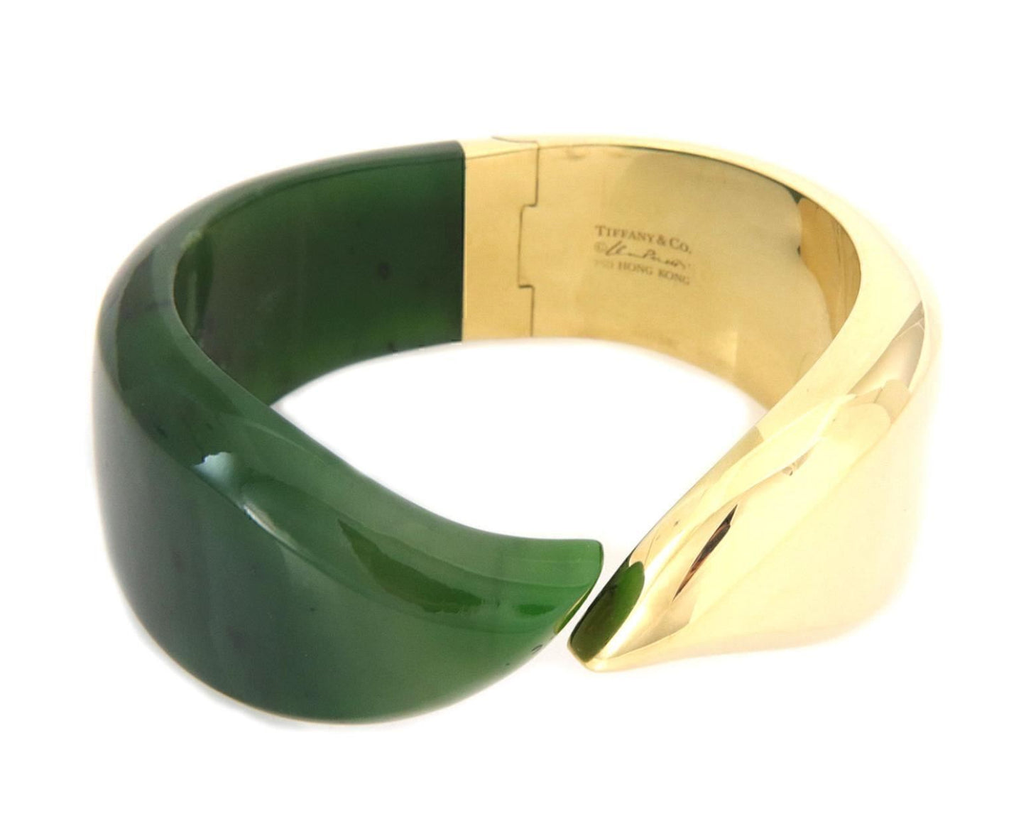 Tiffany & Co. Elsa Peretti Green Jade 18k Yellow Gold Cuff Bangle Bracelet