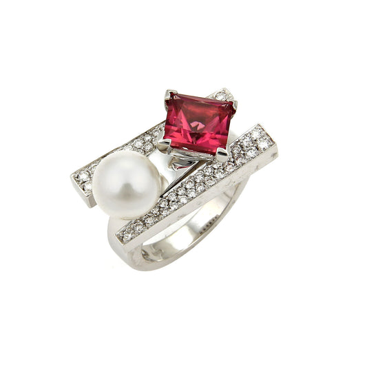 Koeisa 3.33ct Diamond Pink Tourmaline & Pearl 18k Gold Ring