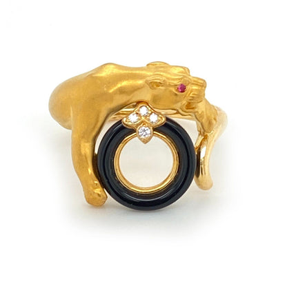 Carrera y Carrera Diamond Onyx & Ruby 18k Yellow Gold Panther Ring - Size 5