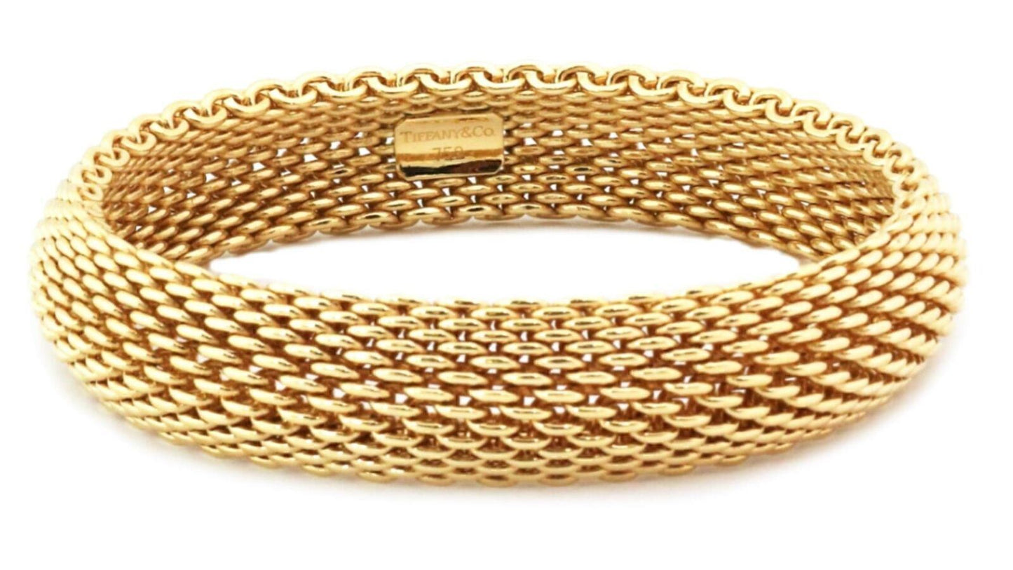 Tiffany & Co. Somerset 18k Yellow Gold 16mm Wide Mesh Flex Bracelet