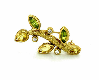 Judith Ripka Diamond Peridot & Citrine 18k Yellow Gold Leaf Stem Pin Brooch