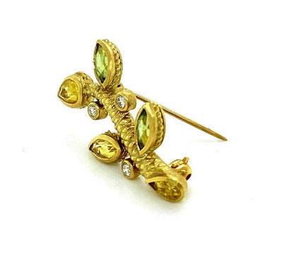 Judith Ripka Diamond Peridot & Citrine 18k Yellow Gold Leaf Stem Pin Brooch