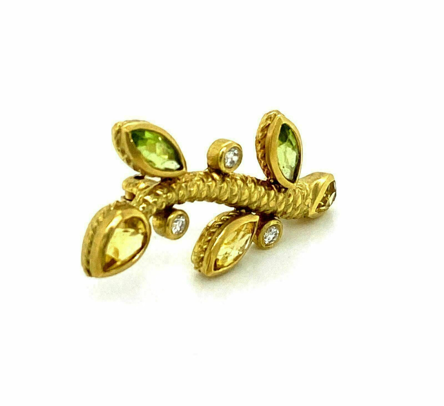 Judith Ripka Diamond Peridot & Citrine 18k Yellow Gold Leaf Stem Pin Brooch