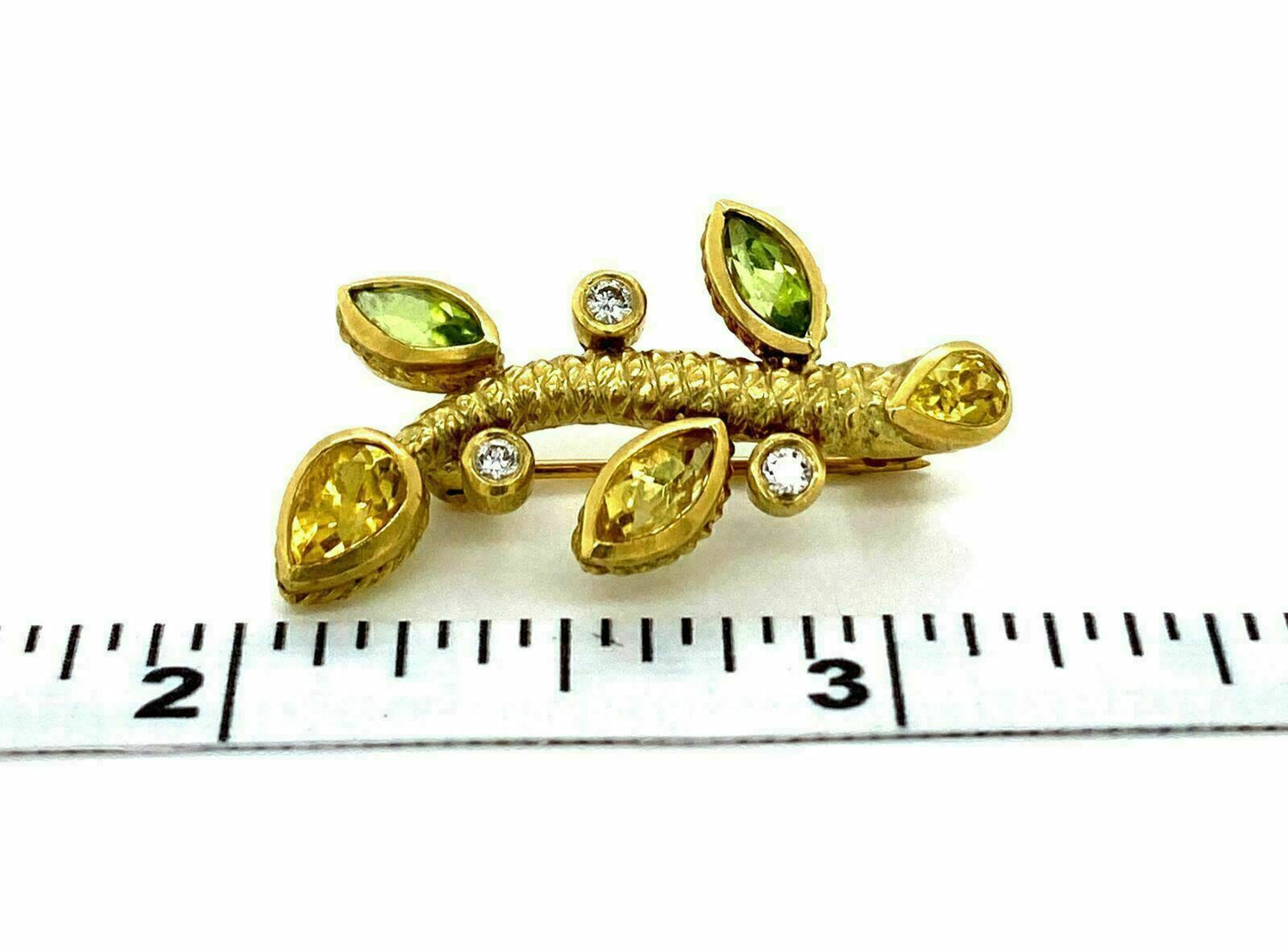 Judith Ripka Diamond Peridot & Citrine 18k Yellow Gold Leaf Stem Pin Brooch