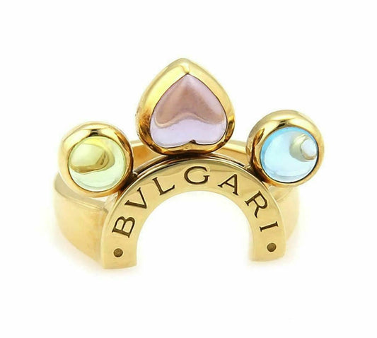 Bvlgari Allegra Amethyst Peridot & Blue Topaz 18k Yellow Gold Ring - Size 6