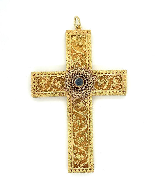 Antique 15k Yellow Gold Blue Sapphire Large Filigree Cross Pendant