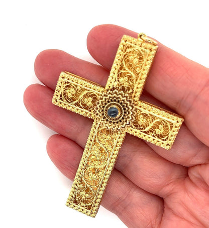 Antique 15k Yellow Gold Blue Sapphire Large Filigree Cross Pendant