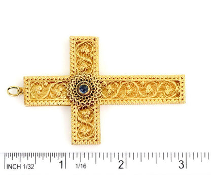 Antique 15k Yellow Gold Blue Sapphire Large Filigree Cross Pendant