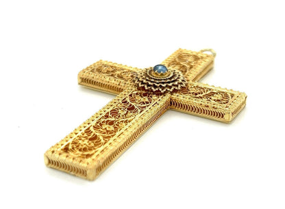 Antique 15k Yellow Gold Blue Sapphire Large Filigree Cross Pendant