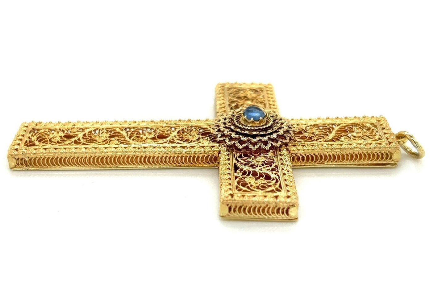 Antique 15k Yellow Gold Blue Sapphire Large Filigree Cross Pendant