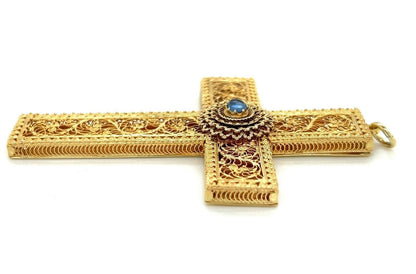 Antique 15k Yellow Gold Blue Sapphire Large Filigree Cross Pendant