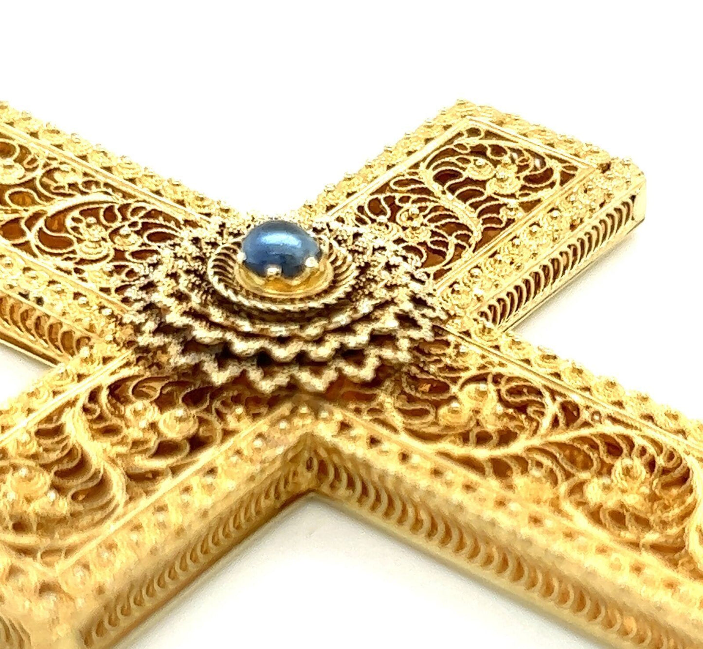 Antique 15k Yellow Gold Blue Sapphire Large Filigree Cross Pendant