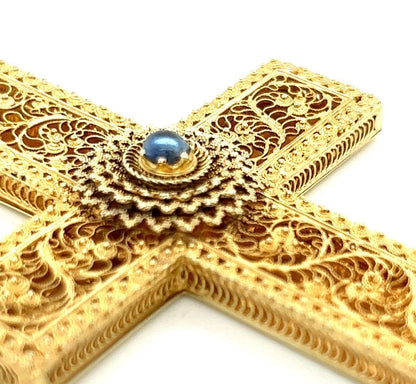 Antique 15k Yellow Gold Blue Sapphire Large Filigree Cross Pendant