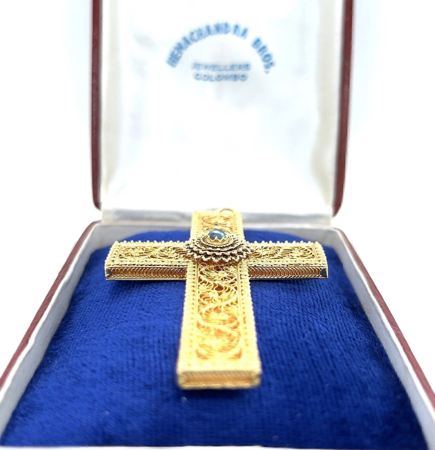 Antique 15k Yellow Gold Blue Sapphire Large Filigree Cross Pendant