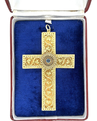 Antique 15k Yellow Gold Blue Sapphire Large Filigree Cross Pendant