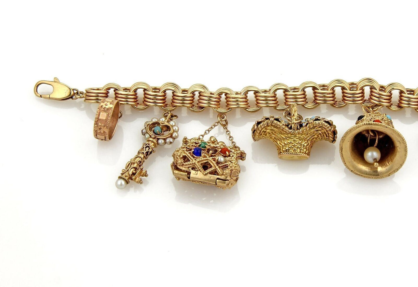 Hefty Multicolor Gems 9 Charms 14k Yellow Gold Bracelet