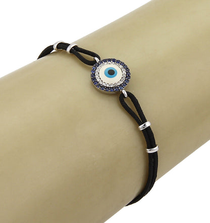 Evil Eye Diamond & Sapphire 18k White Gold Charm Cord Bracelet