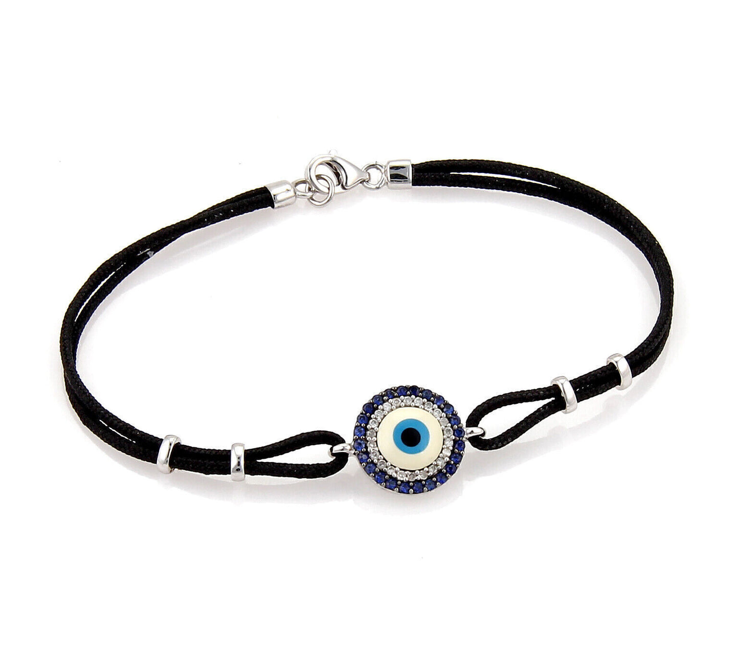 Evil Eye Diamond & Sapphire 18k White Gold Charm Cord Bracelet