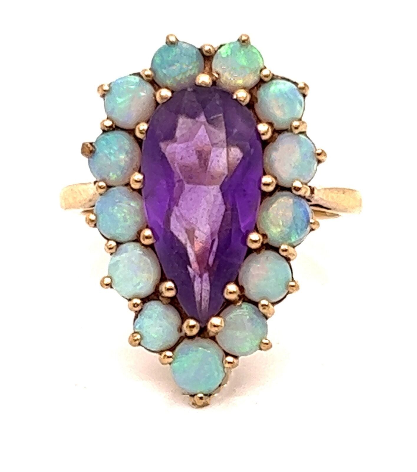 Amethyst & Opal Pear Shape 9k Yellow Gold European Ring - Size 5.5