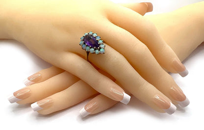 Amethyst & Opal Pear Shape 9k Yellow Gold European Ring - Size 5.5