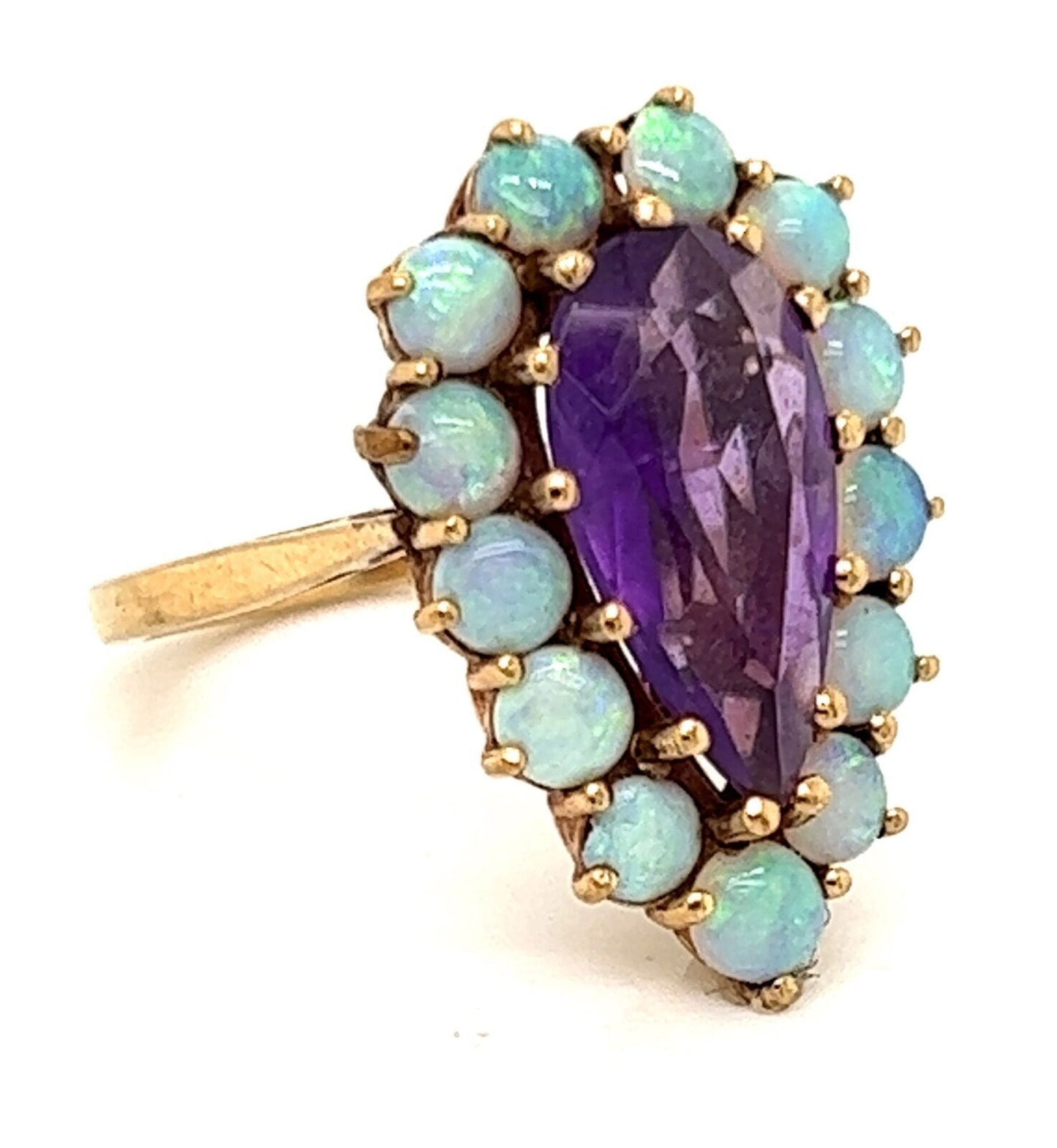 Amethyst & Opal Pear Shape 9k Yellow Gold European Ring - Size 5.5